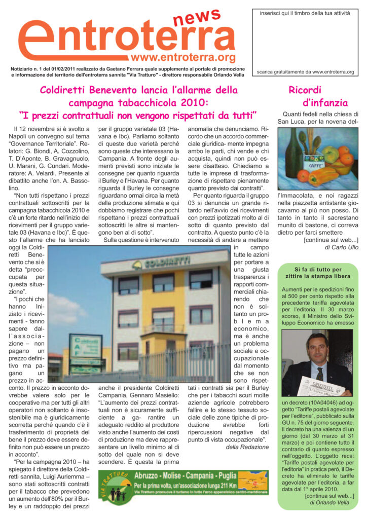 Copertina del notiziario Entroterra News – n. 1 - 2011