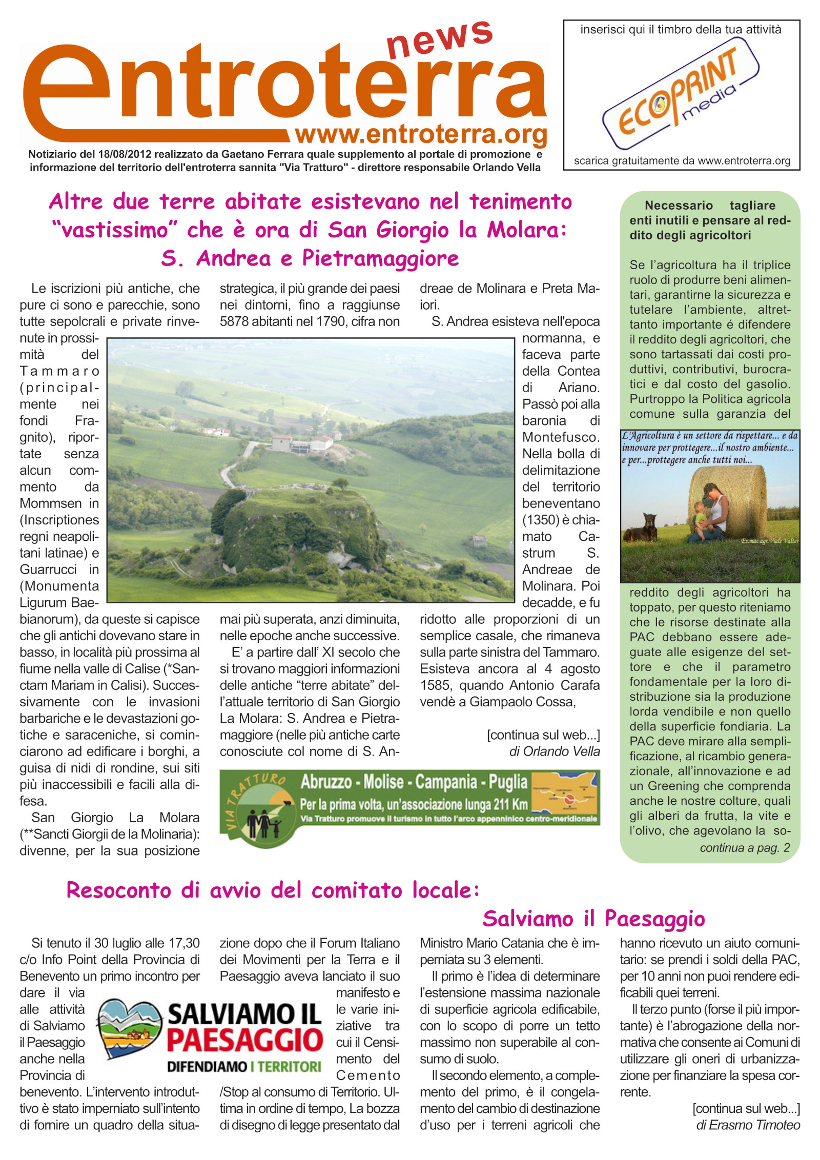 Copertina del notiziario Entroterra News – n. 1 – 2012