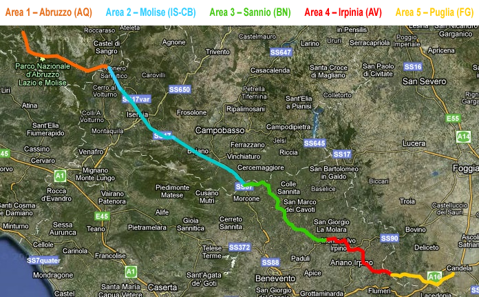 Tracciato Regio Tratturo Pescasseroli-Candela con legenda colorata