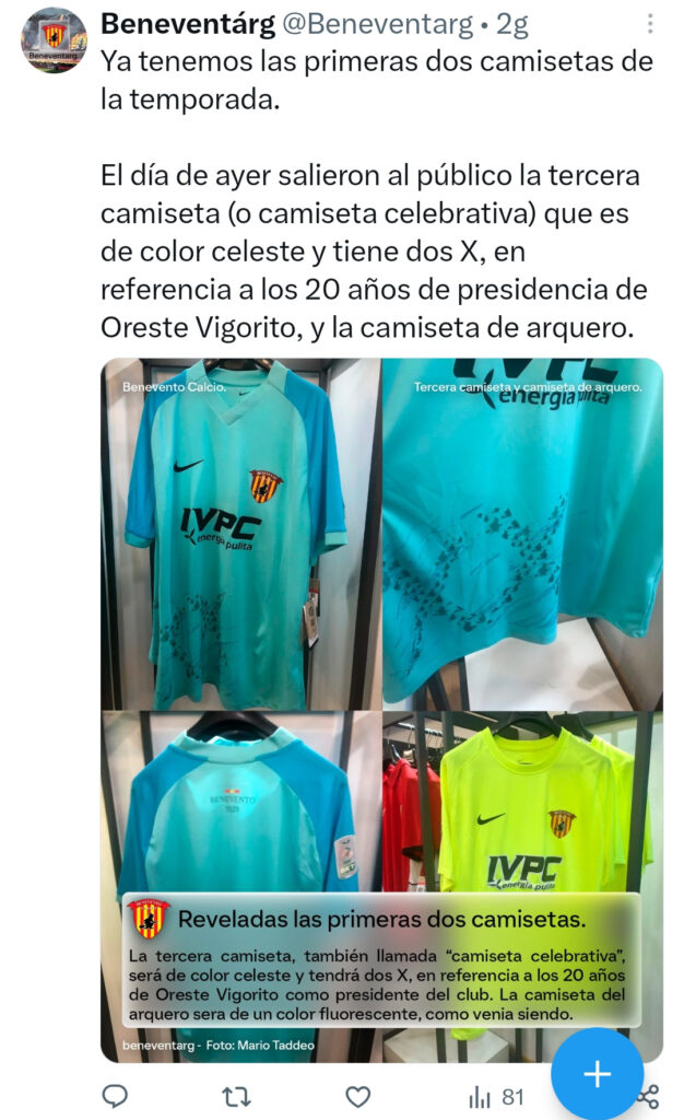 Post sul profilo dell'account Beneventàrg del tifoso del Benevento in Argentina relativo alle magliette del Benevento Calcio