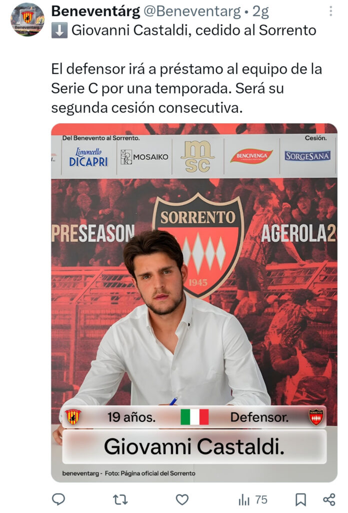 Post sul profilo dell'account Beneventàrg del tifoso del Benevento in Argentina relativo al prestito di Giovanni Castaldi al Sorrento