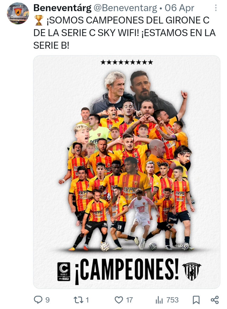 Post sul profilo dell'account Beneventàrg del tifoso del Benevento in Argentina relativo alla promozione in serie B