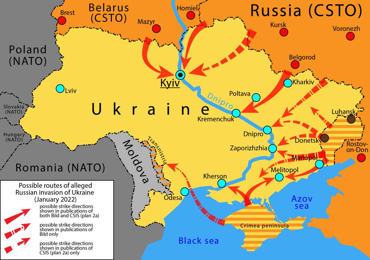 Cartina illustrativa dei due presunti piani russi pubblicati separatamente dalla Bild.[50] e dal Center for Strategic and International Studies (CSIS).